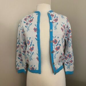 Vintage Floral Patterned Blue and Pink Women's Cardigan